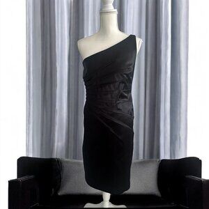 DAVID MEISTER Black Satin One Shoulder Cocktail Dress Size 8